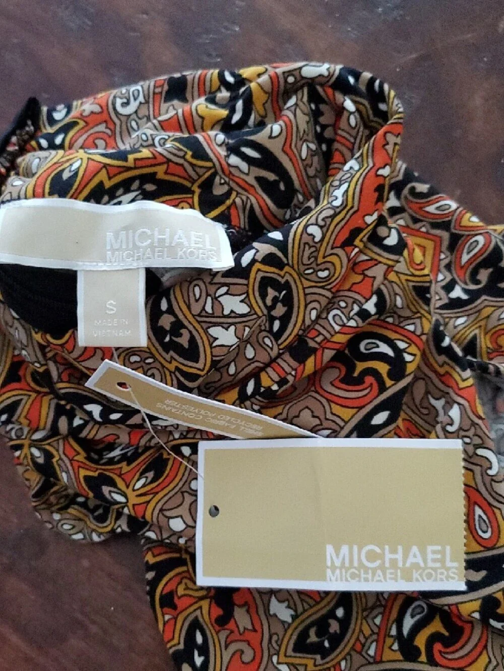 Michael Kors Sleeveless Paisley Mock Neck Top in Orange, Black and Cream
